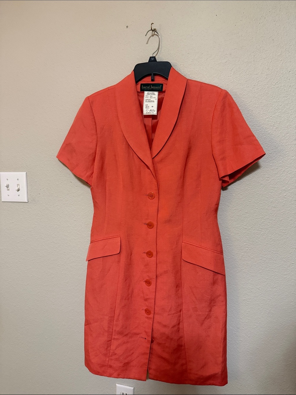 Harve Benard Coral-Orange Short Sleeve Button Front Mini Dress